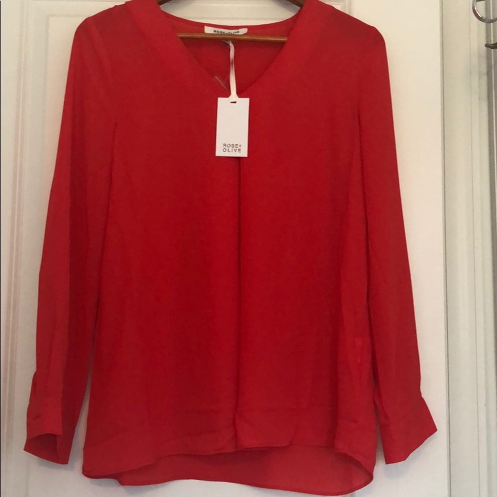 Rose + olive pullover top, S, orange long sleeves